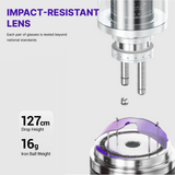 Glass lens with impact-resistant feature, drop height and iron ball weight test details on a white background.