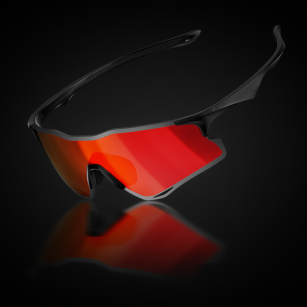 Sunglasses with red lenses and black frame on a dark background