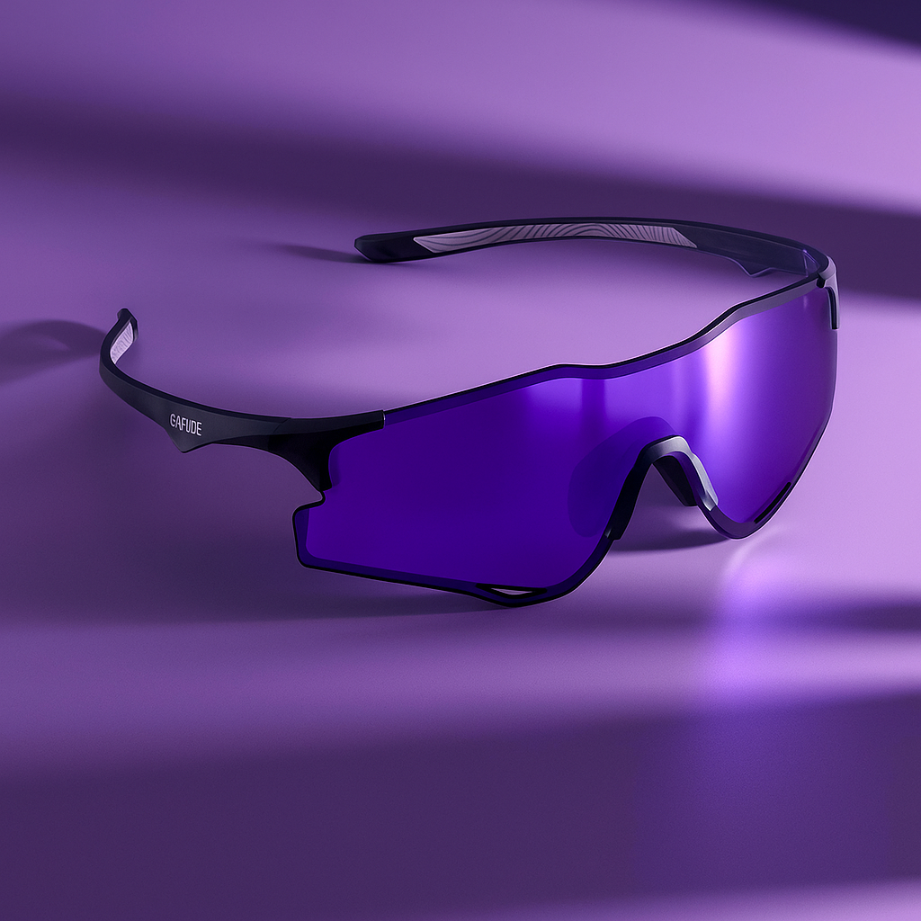 Purple goggles with black frames on a purple background