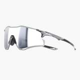 Silver-framed sunglasses with reflective lenses on a white background