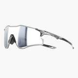 Silver sunglasses with reflective lenses on a white background