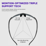 Glasses with Montion-optimized triple support technology on a white background