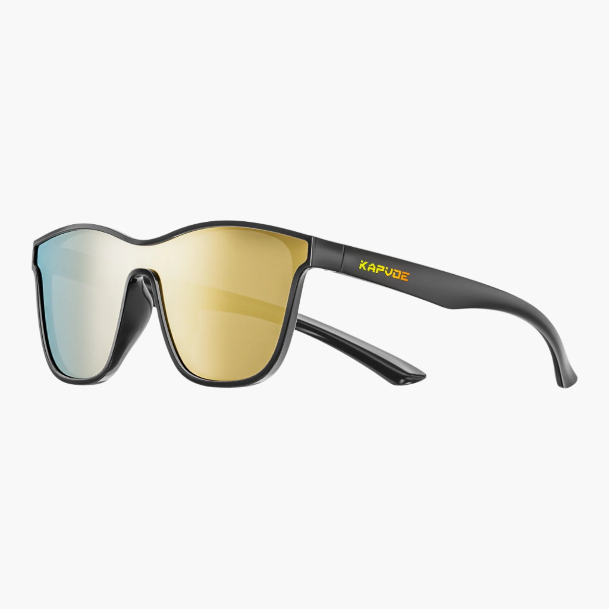 Sunglasses with gold lenses and black frame on a white background, featuring the UNBOUND brand.