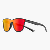 Sunglasses with black frame and red-orange lenses on a white background