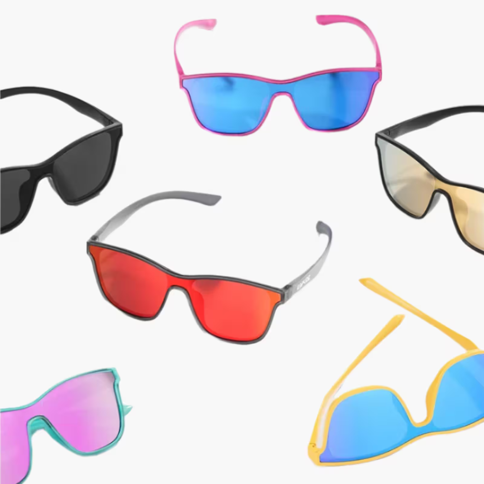 Collection of colorful sunglasses on a white background