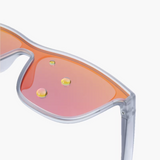Sunglasses with orange lenses and clear frame on a white background