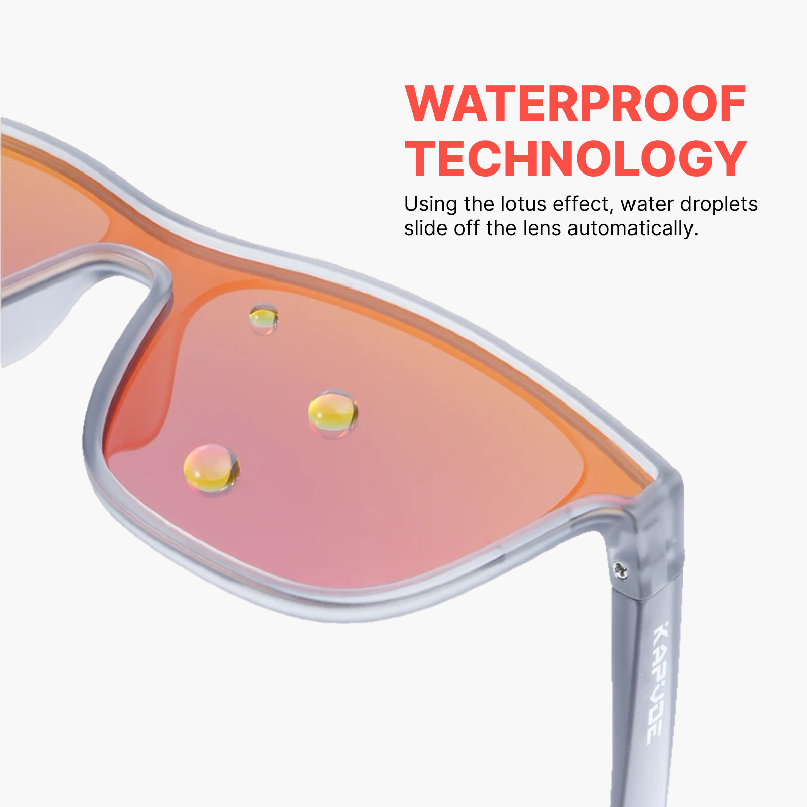Sunglasses with waterproof technology feature, showing water droplets sliding off the lens.