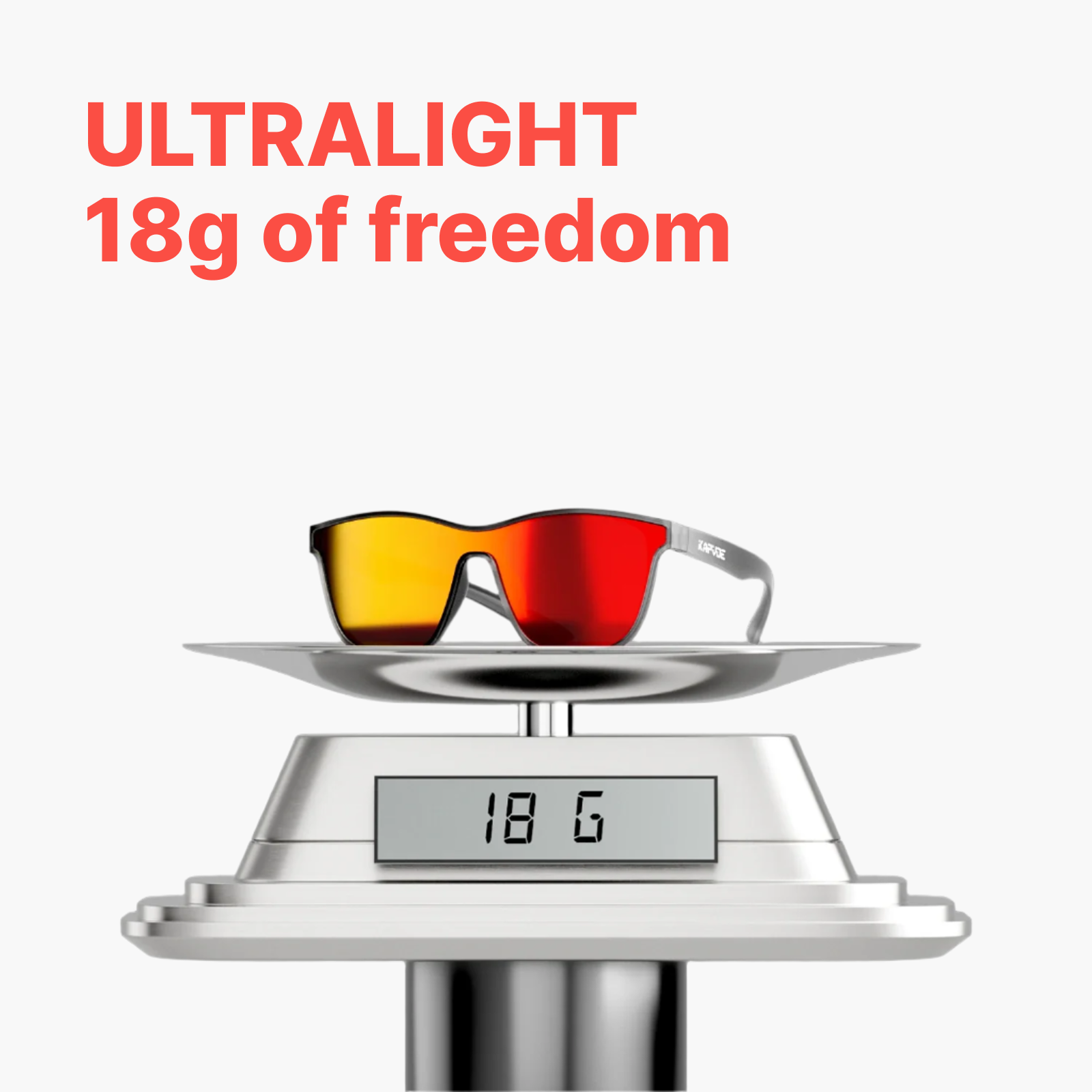 Sunglasses on a digital scale displaying 18g with text 'ULTRALIGHT 18g of freedom' on a white background.