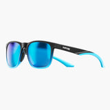 Sunglasses with blue reflective lenses and black frames on a white background, featuring the UNBOUND brand.