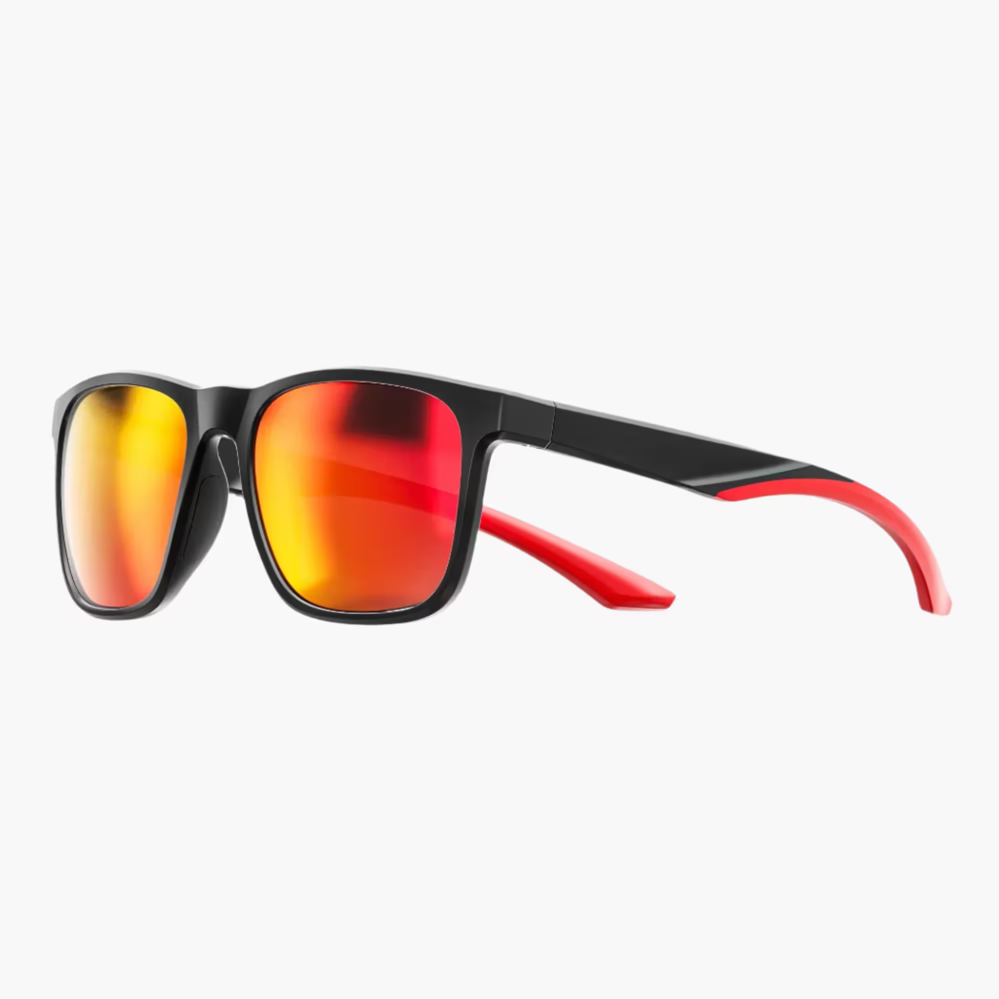 Sunglasses with black frame and red arms on a white background
