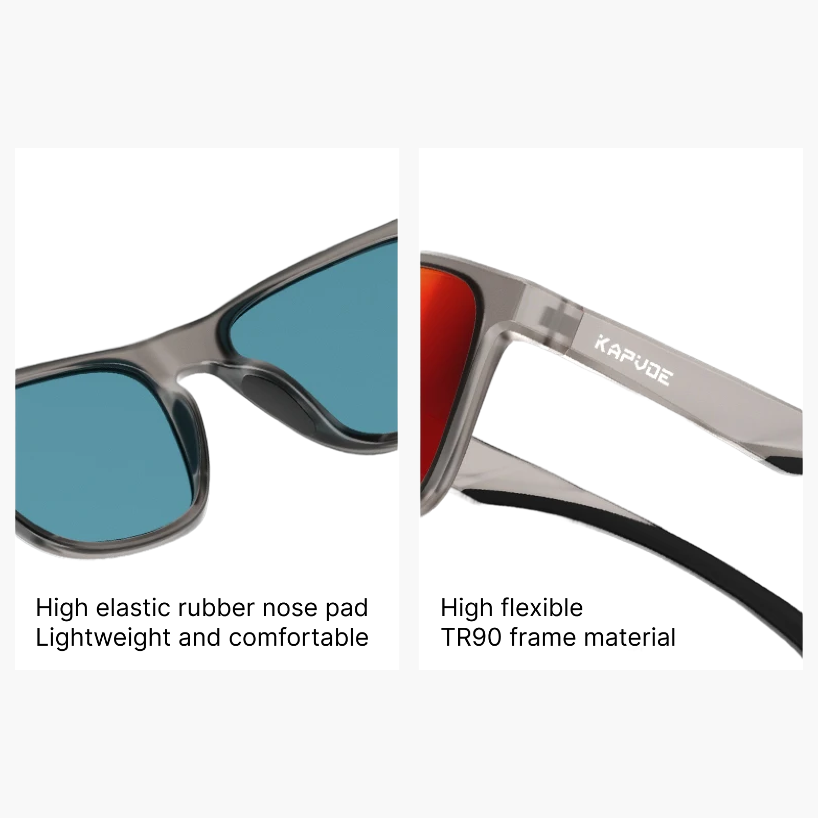 Sunglasses with high elastic rubber nose pad and high flexible TR90 frame material on a white background.