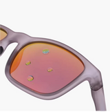 Sunglasses with reflective pink lenses on a white background