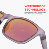 Sunglasses with water droplets on lens and text about waterproof technology