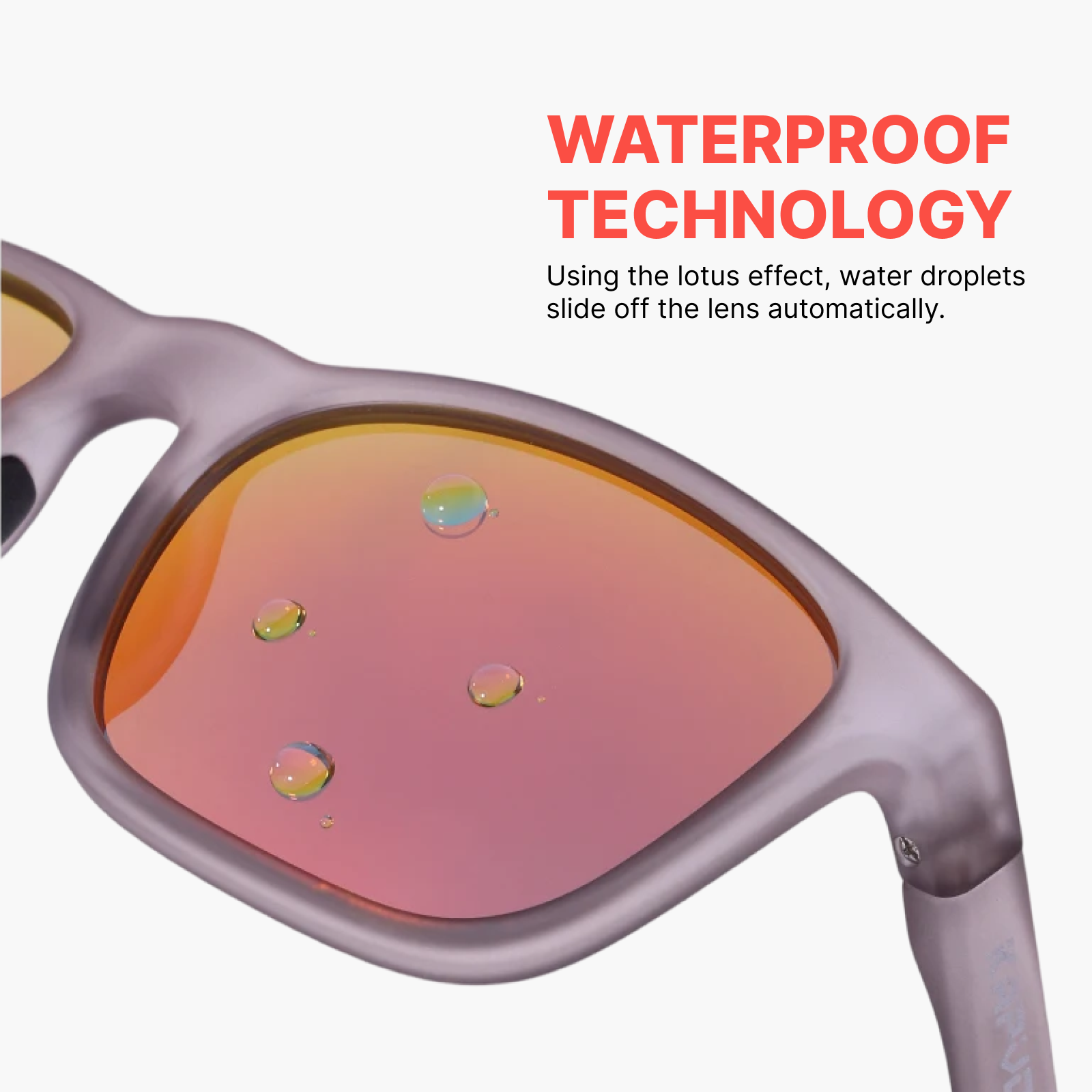 Sunglasses with water droplets on lens and text about waterproof technology
