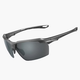 Gray sunglasses with reflective lenses on a white background