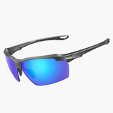 Sunglasses with blue reflective lenses and black frame on a white background