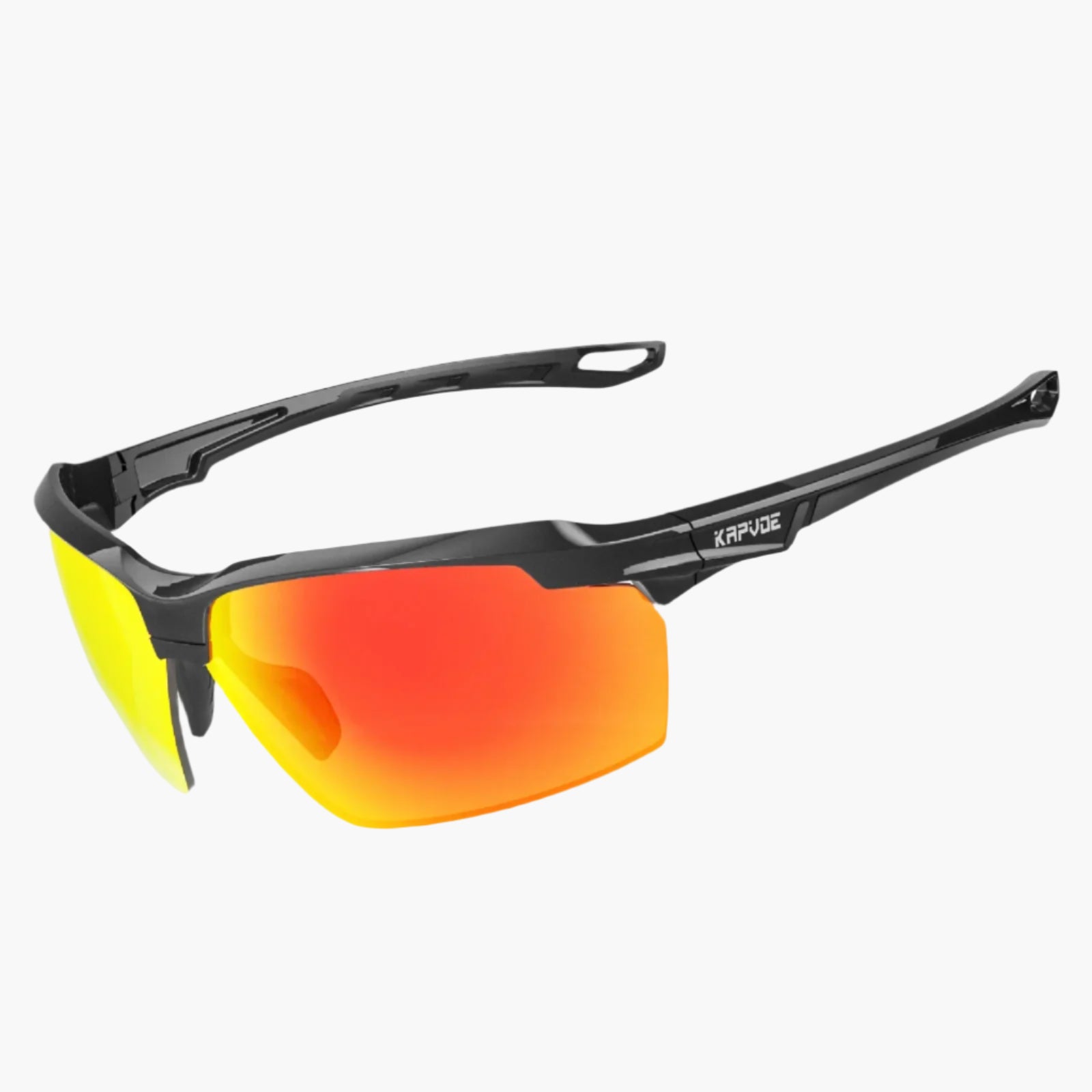 Sunglasses with black frame and orange-red lenses on a white background