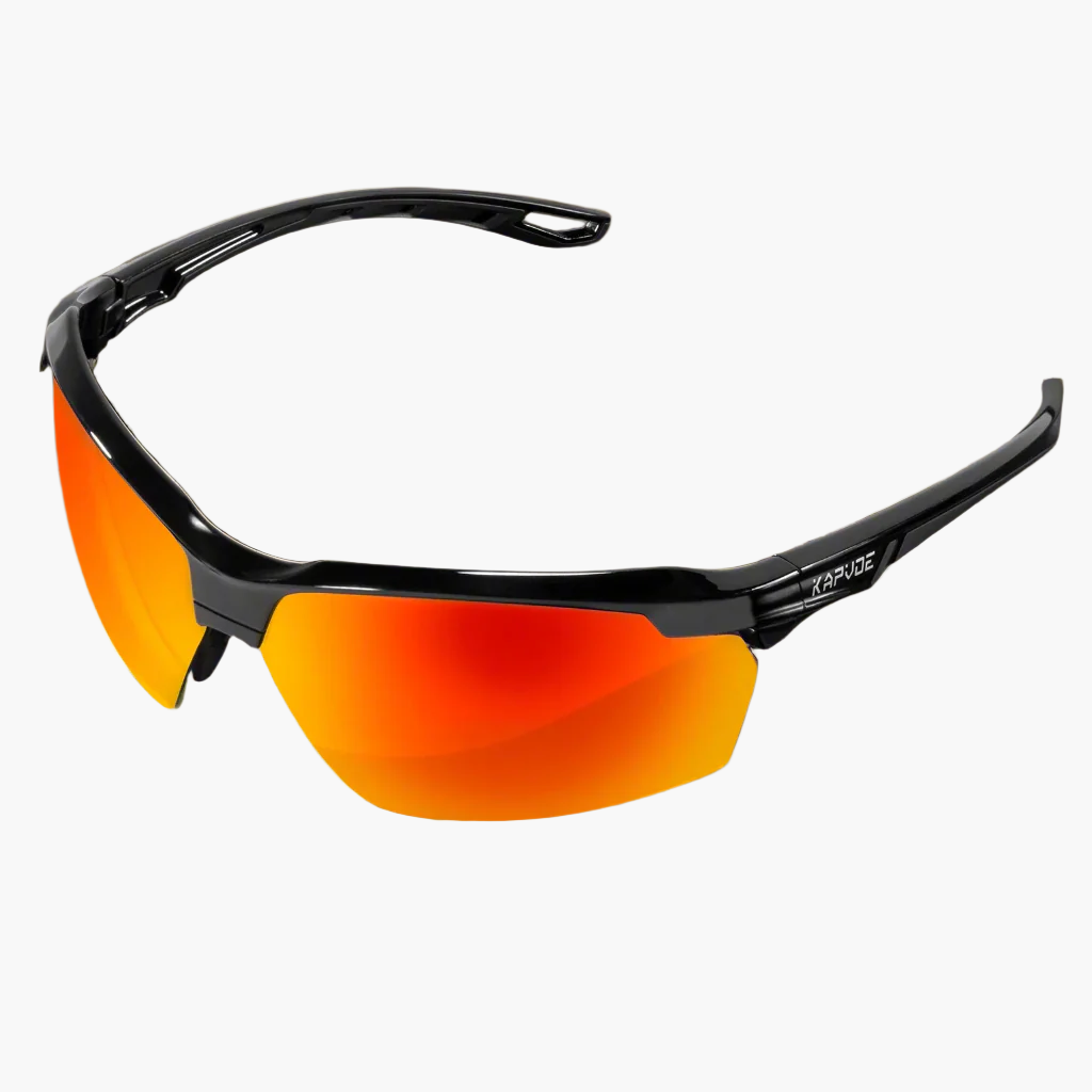 Sunglasses with black frame and orange-red lenses on a white background