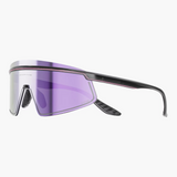 Sunglasses with purple lens and black frame on a white background