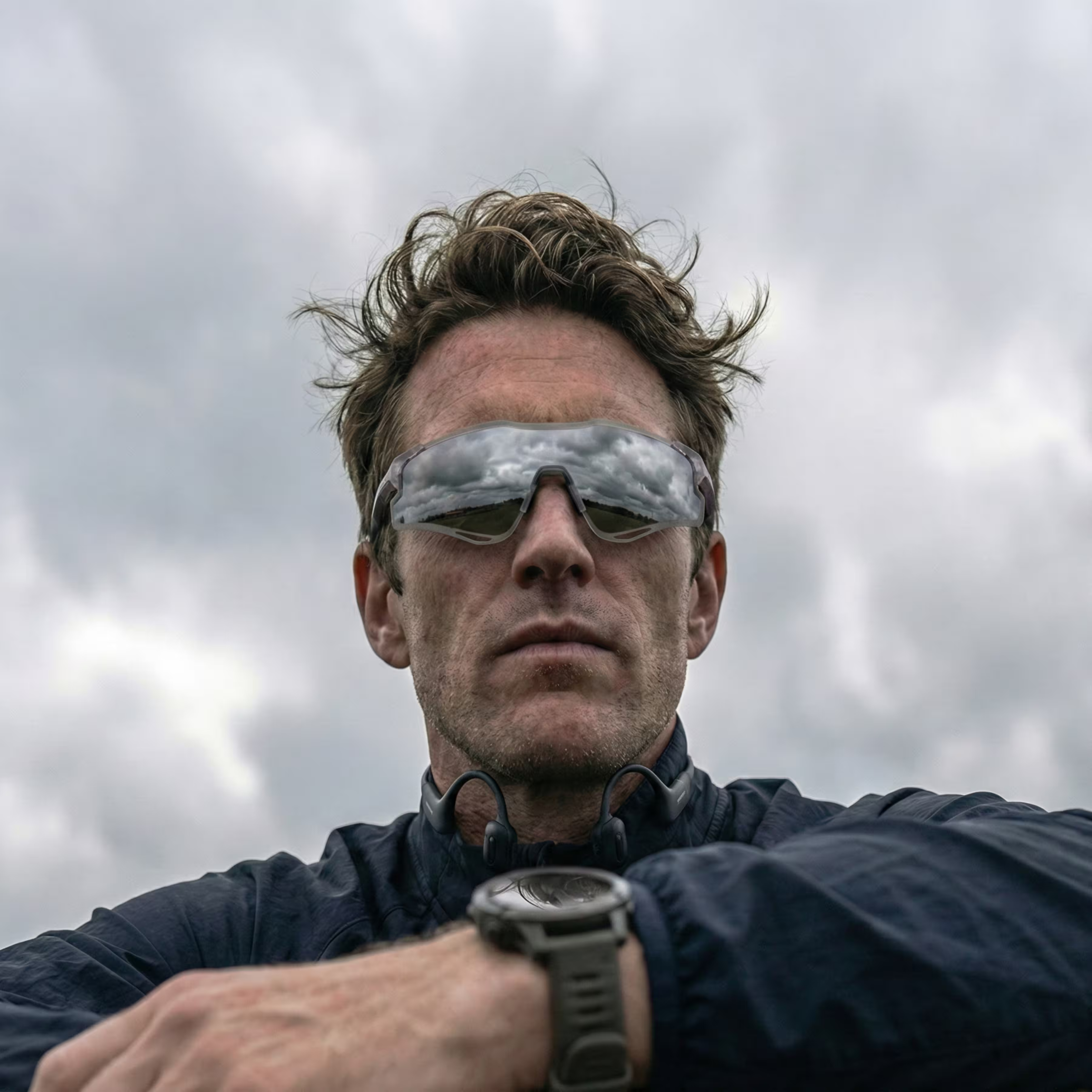 Man wearing futuristic goggles against a cloudy sky