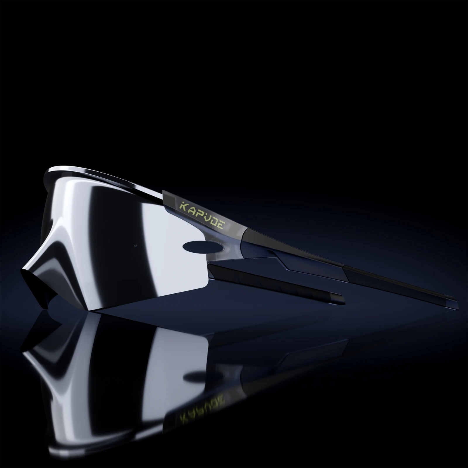 Chrome sunglasses with a reflective surface on a black background