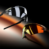 Two pairs of sunglasses with reflective lenses on a gradient background