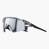 Sunglasses with reflective silver lens and black frame on a white background