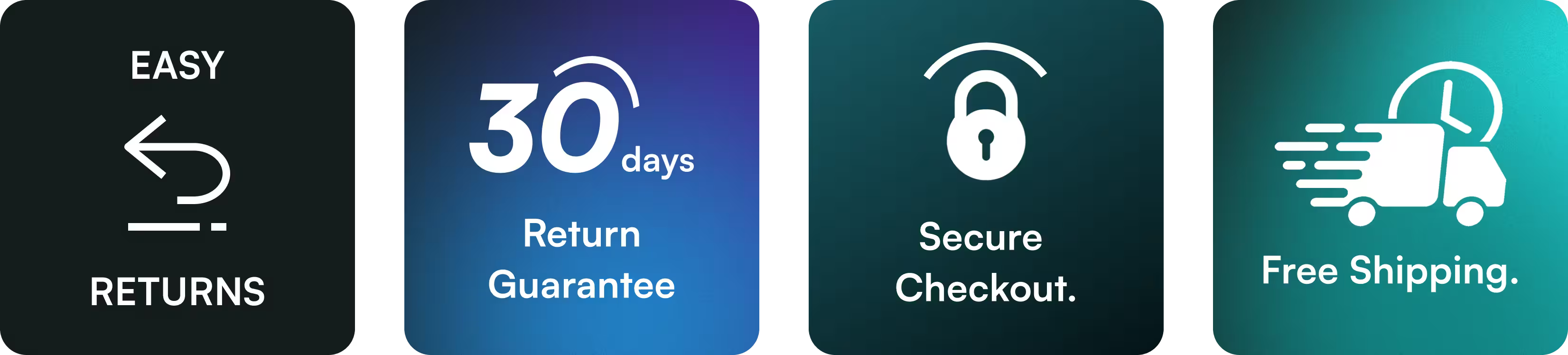 Set of icons and text representing return policy, guarantee, security, and shipping services.