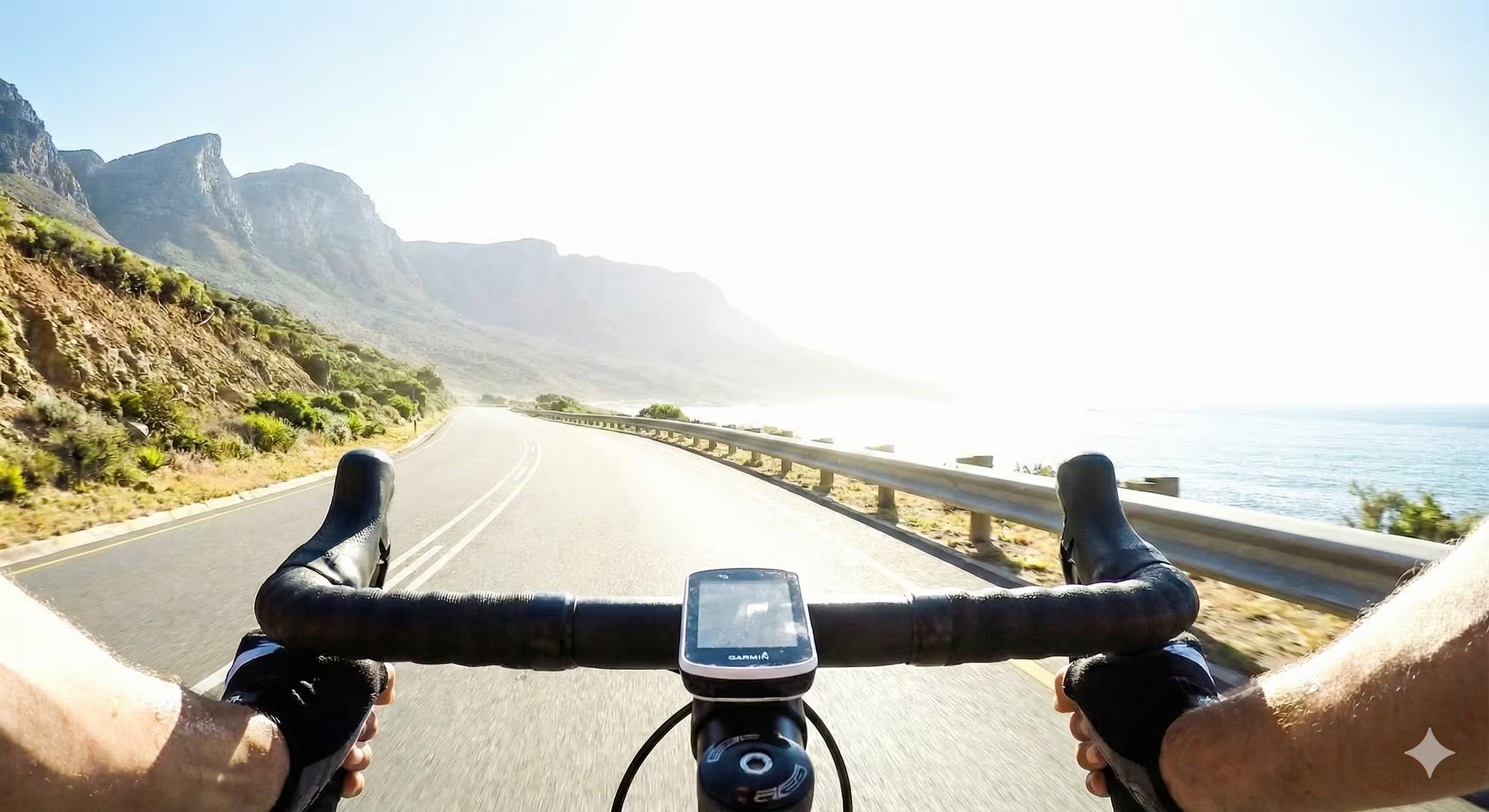 Bicycle handlebars with a phone mount on a road with mountains and sea in the background