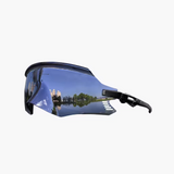 Sunglasses with reflective blue lens on a white background