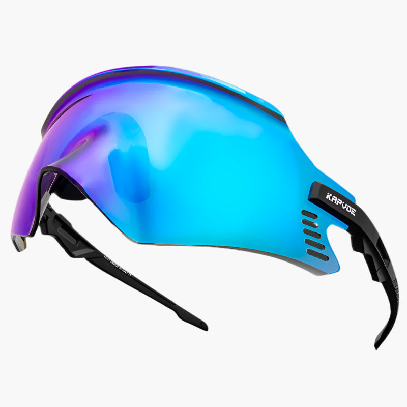 Sunglasses with blue and purple gradient lens on a dark background, featuring the brand 'UNBOUND'.