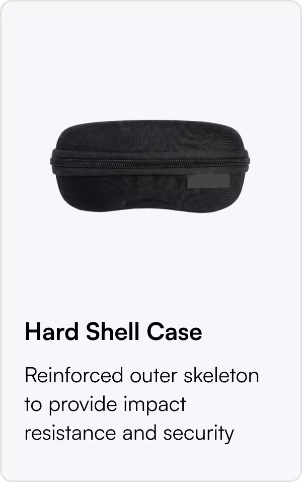 Black hard shell case on a white background with text about its features.