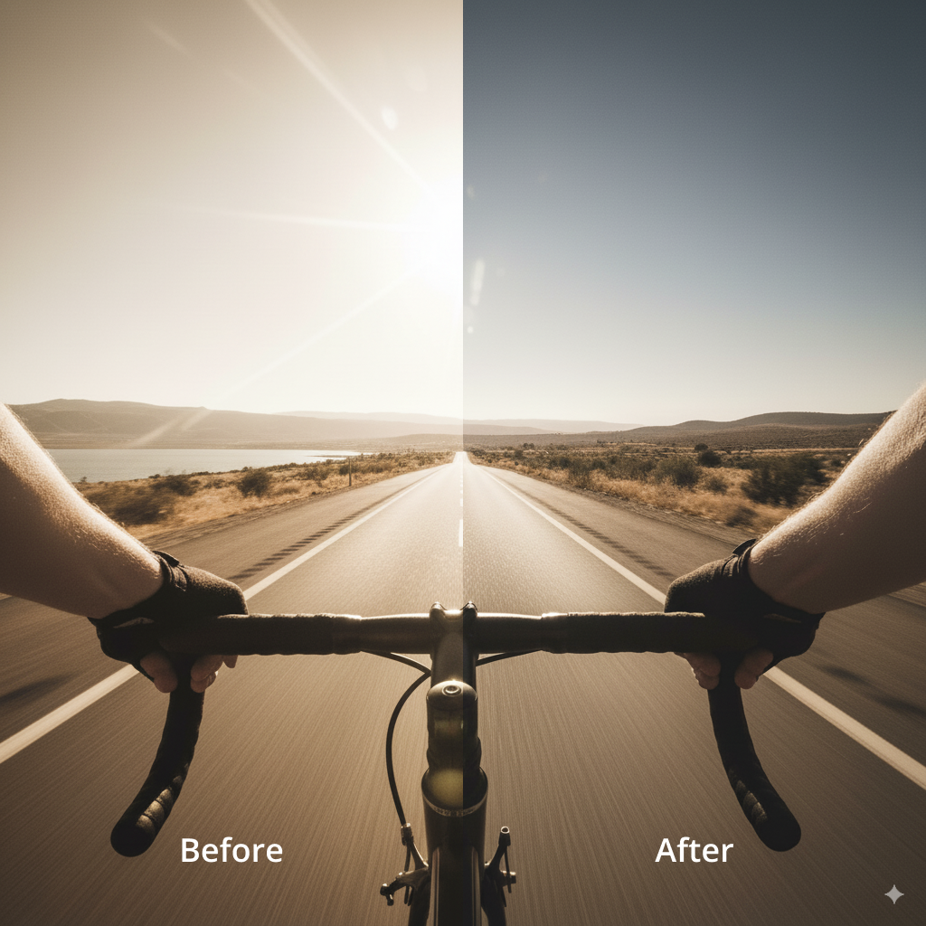 Bicycle handlebars with a scenic road view, labeled 'Before' and 'After'.