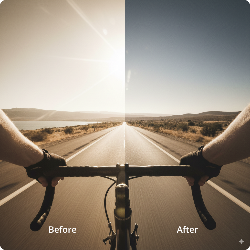 Bicycle handlebars with a scenic road view, labeled 'Before' and 'After'.