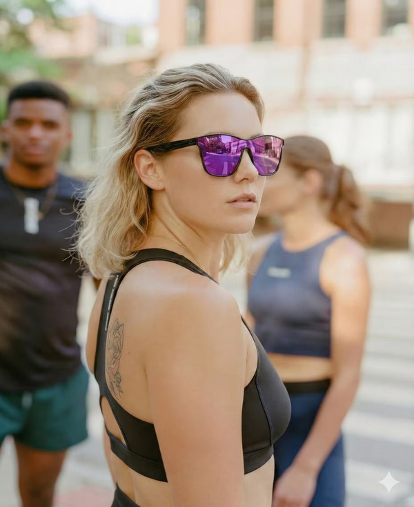 Woman wearing a black sports bra and sunglasses with blurred people in the background