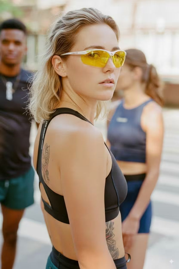 Woman wearing a black sports bra and sunglasses with a blurred background of people.