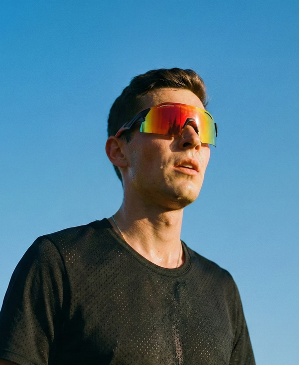 Man wearing reflective sunglasses against a clear blue sky