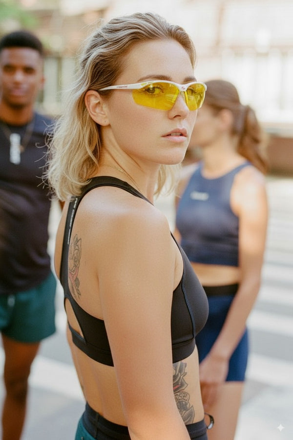 Woman wearing a black sports bra and sunglasses with blurred people in the background