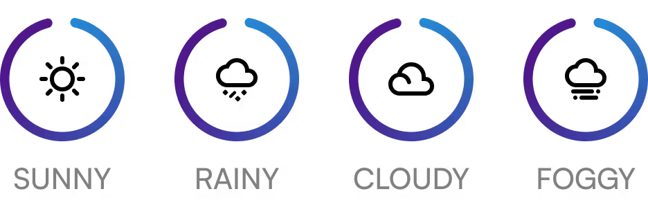 Four circular icons labeled 'Sunny', 'Rainy', 'Cloudy', and 'Foggy' with gradient colors on a white background.