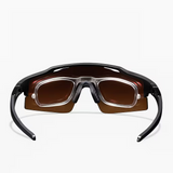 Sunglasses with black frame and brown lenses on a white background