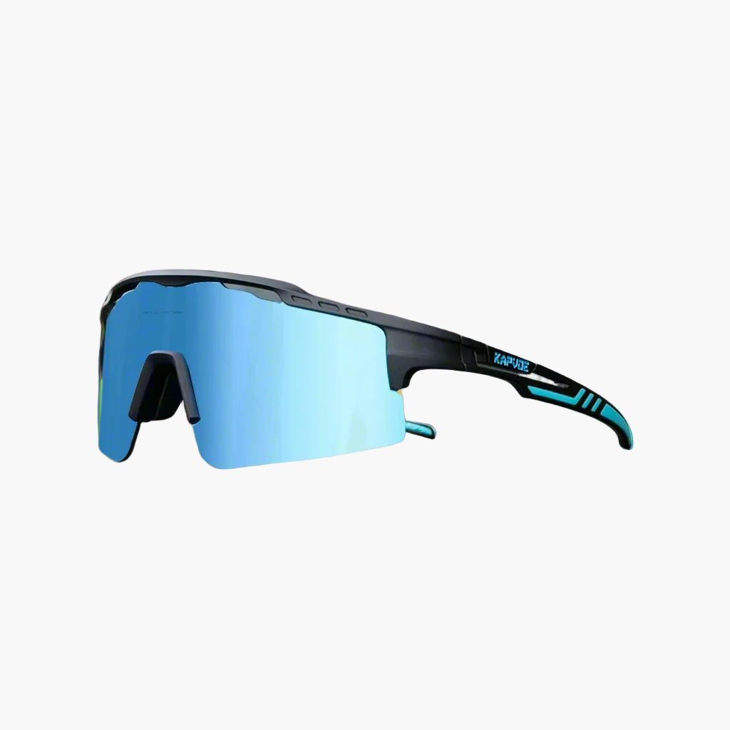 Sunglasses with blue lenses and black frame on a lightning background