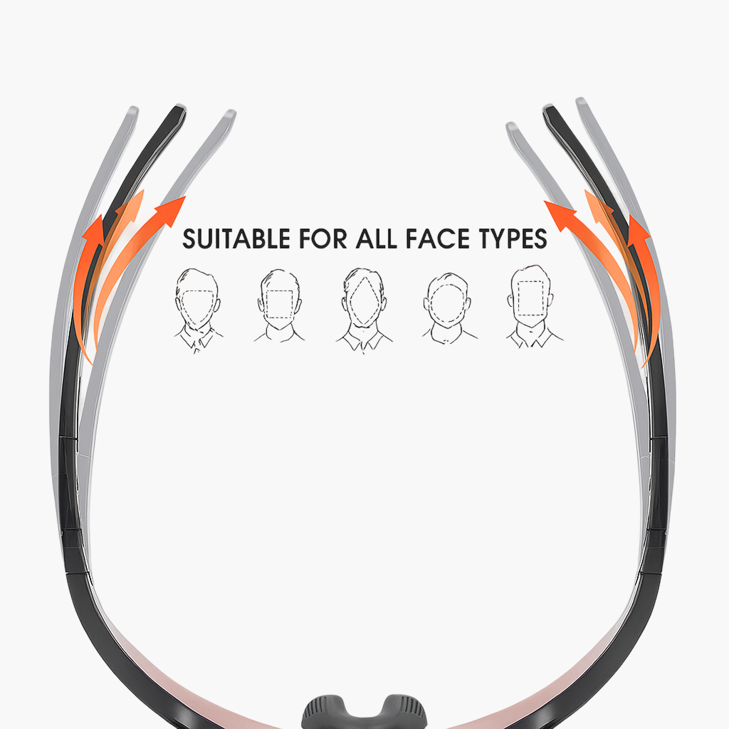 Sunglasses frames with adjustable straps and icons indicating suitability for various face types on a white background.