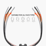 Sunglasses frames with adjustable straps and icons indicating suitability for various face types on a white background.