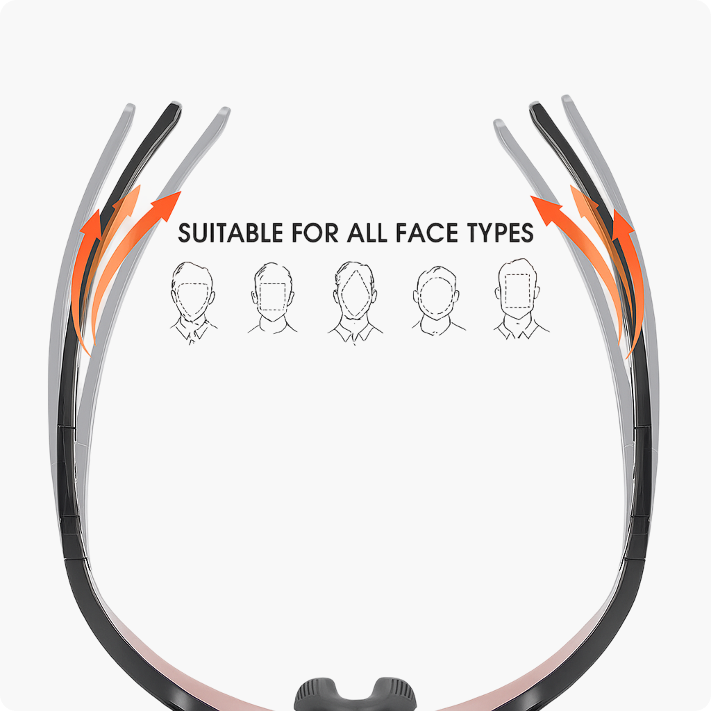 Sunglasses frames with adjustable straps and illustrations of face shapes, suitable for all face types.