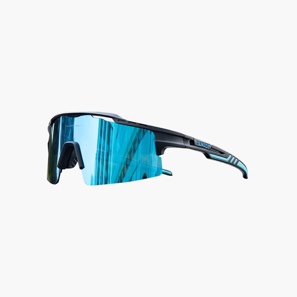 Sunglasses with blue reflective lenses and black frame on a white background