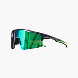 Sunglasses with green reflective lenses and black frame on a white background