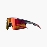 Sunglasses with red lenses and black frame on a white background