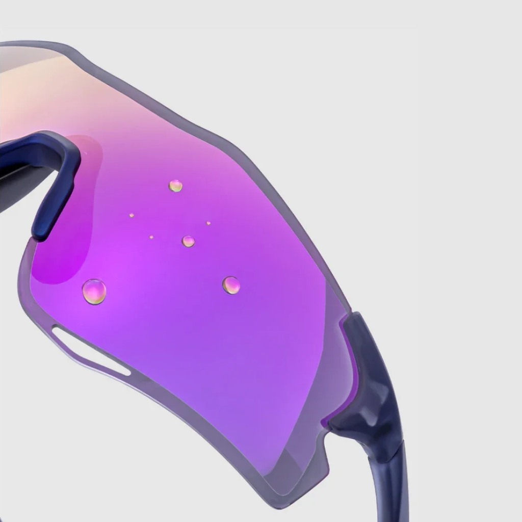 Sunglasses with purple lenses and blue frames on a light gray background