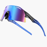 Sunglasses with blue and purple gradient lenses on a white background