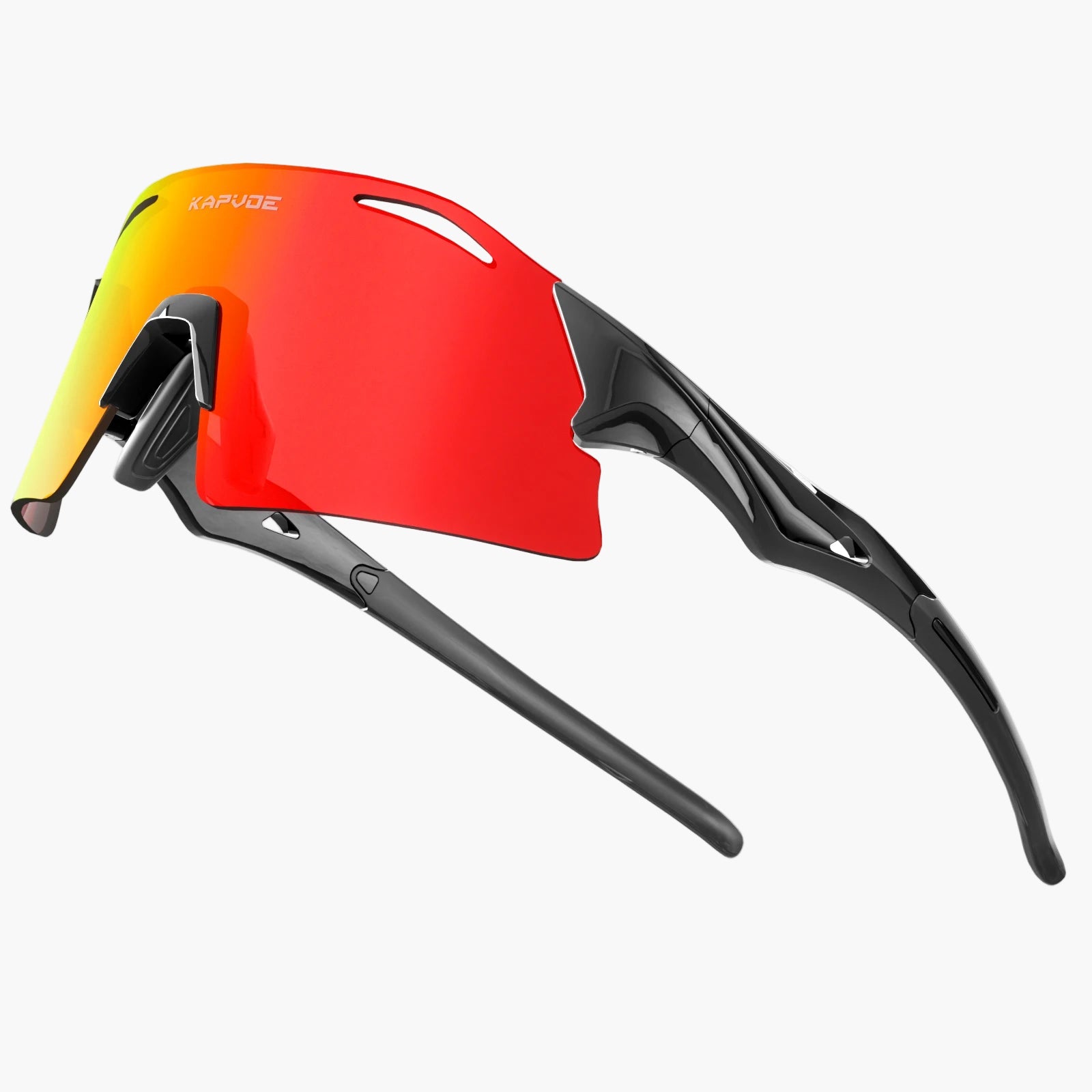 Sunglasses with red lenses and black frames on a white background
